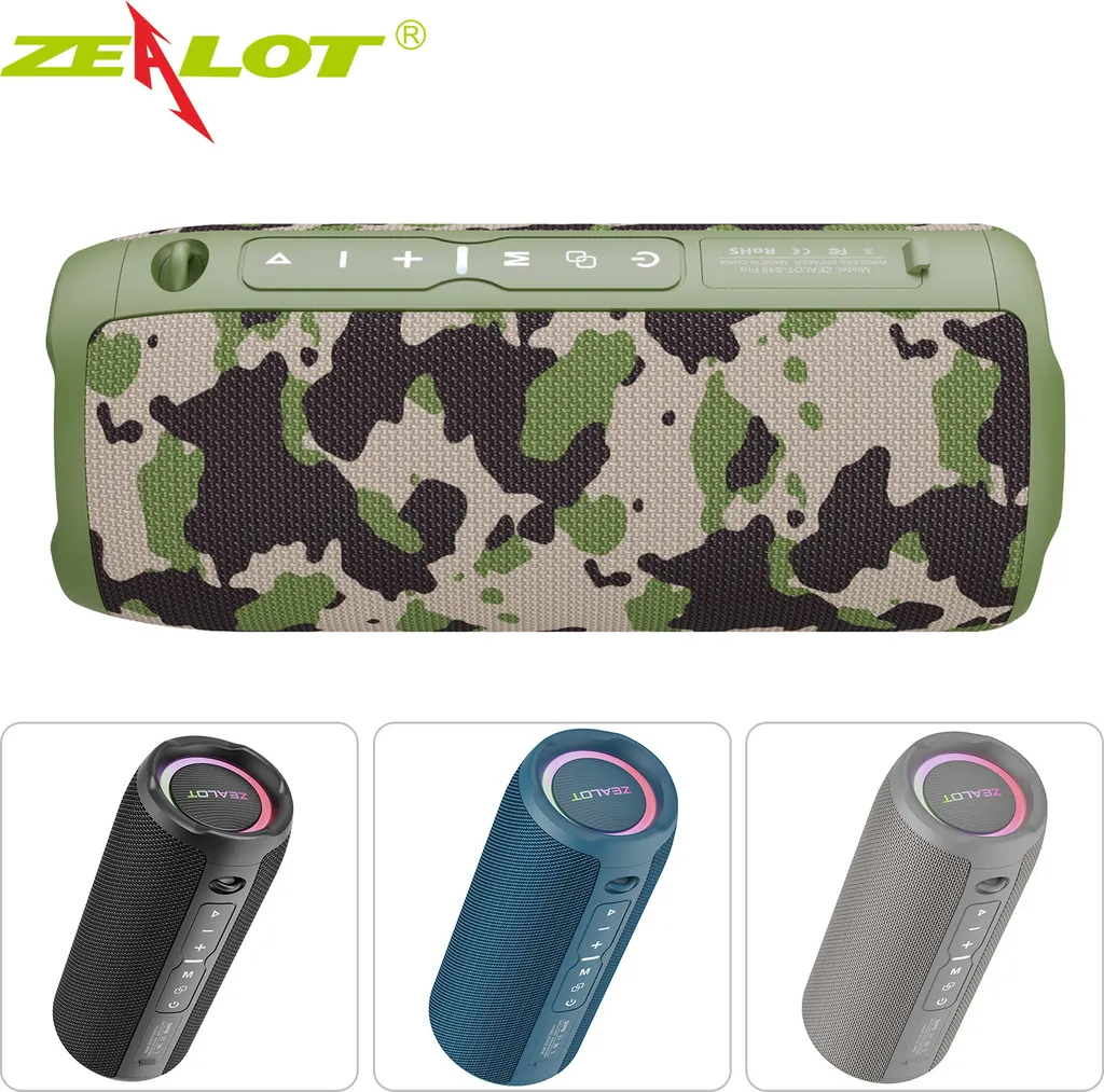 Altoparlante Bluetooth portatile ZEALOT S49PRO, BT5.2 | effetto luce RGB | potenza 20 W | impermeabile IPX6, supporta Aux, FM, scheda TF, USB, connessione BT, mimetico