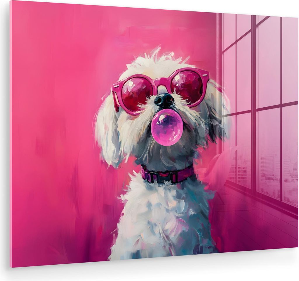 MuchoWow Glasbilder - Bilder auf Wandbild - Foto auf Glas Rosa - Hund - Blase 40x30 cm Wanddekoration aus Glas - Acrylglasbild - Acrylbilder - Bild...