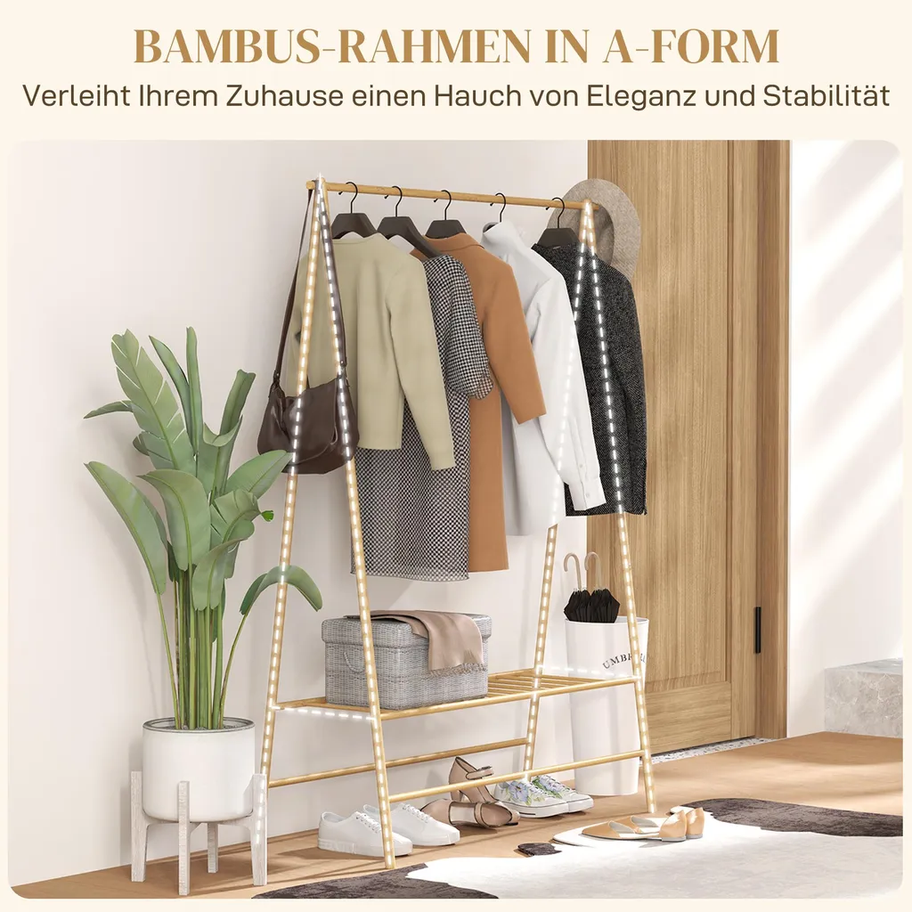 Penderie à Vêtement en Bois de Bambou Naturel avec Crochets et Rayonnage