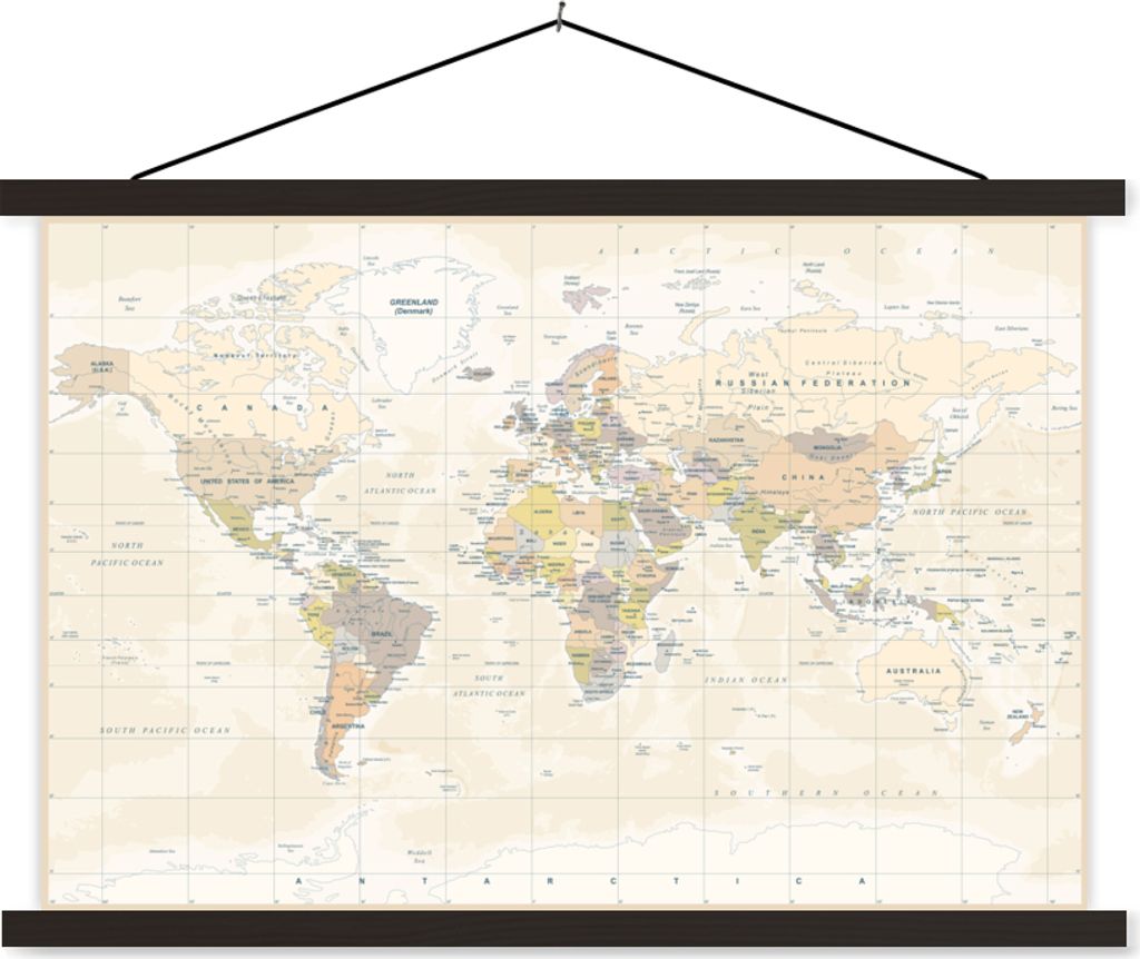MuchoWow Textilposter Welt - Karte - Retro 90x60 cm mit schwarzem Rahmen - Aufhängungssatz