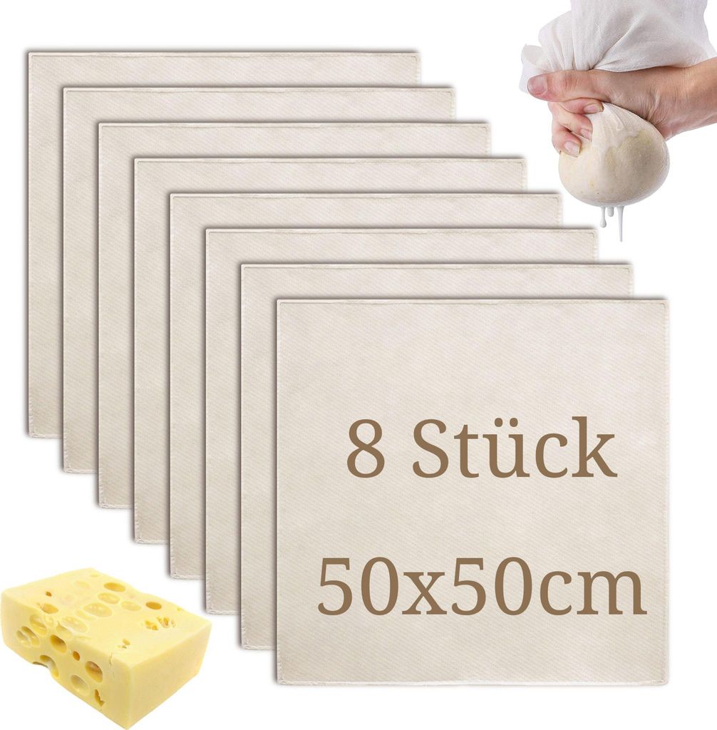 8Stk Passiertuch Wiederverwendbar Käsetuch,50 x 50 cm Seihtuch Ungebleichte Filtertuch zum Abseihen von Flüssigkeiten Backen Käse Machen