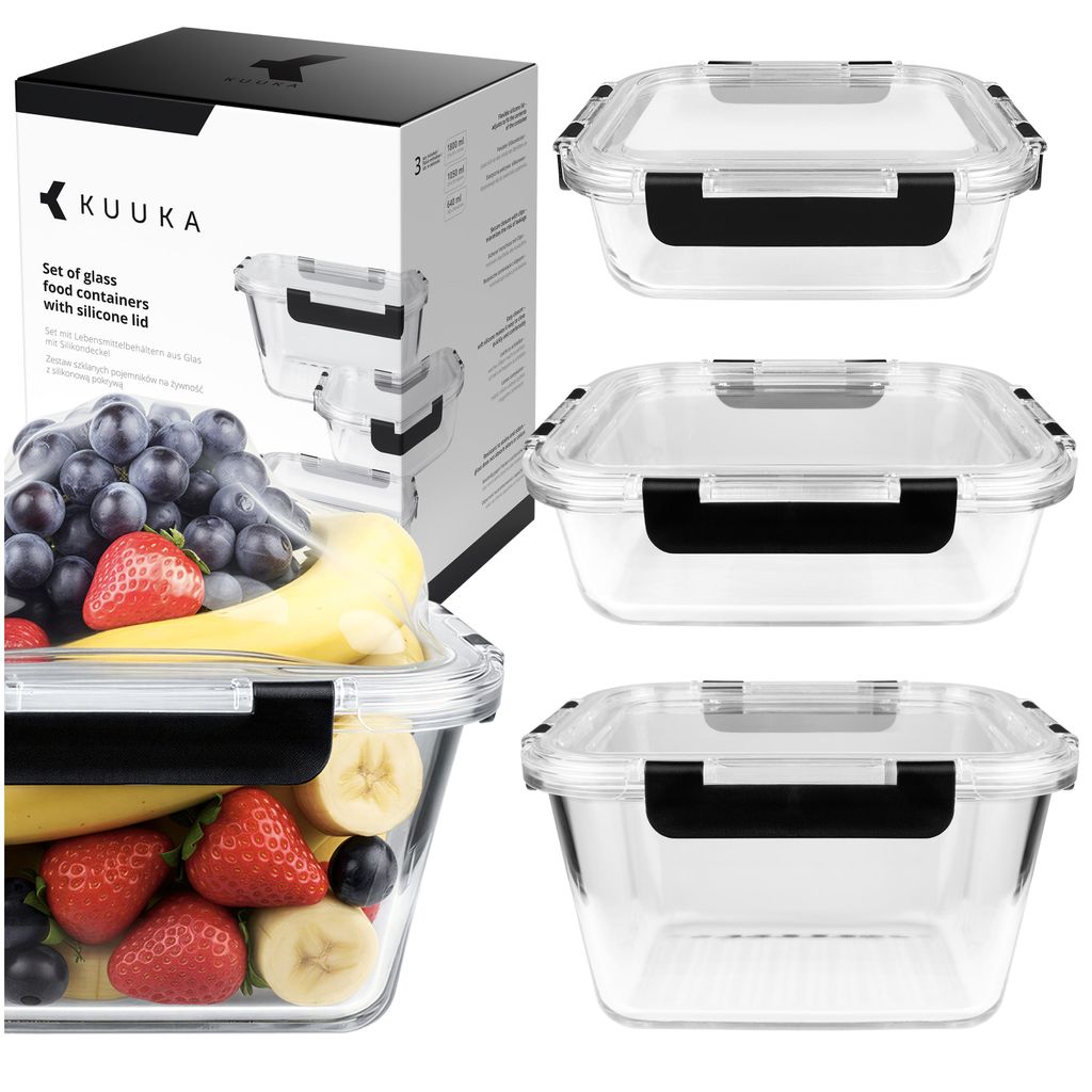 Set von 3 Glas-Lebensmittelbehältern – 640 ml, 1050 ml & 1800 ml mit elastischen Deckeln – BPA-frei, spülmaschinenfest