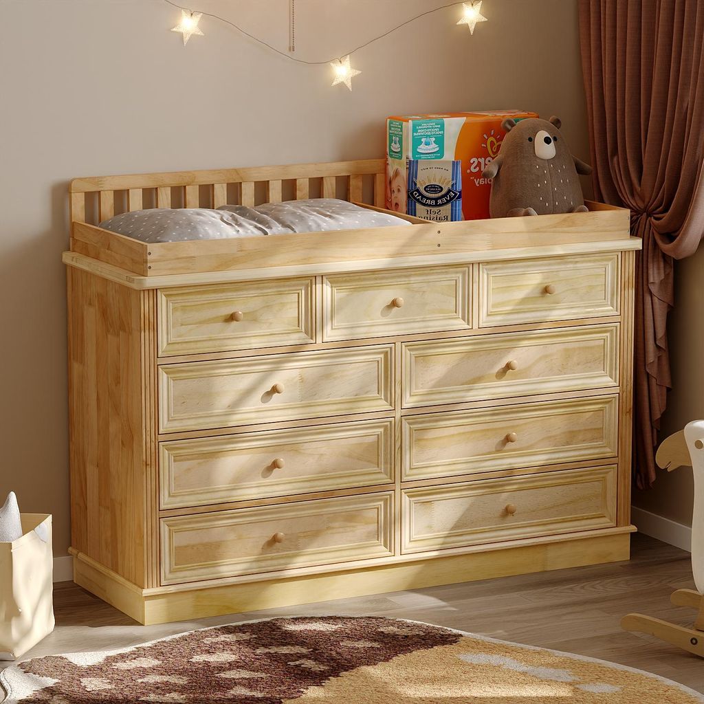 Wickelkommode, Wickeltisch, Kommode mit 9 Schubladen, Wickeltisch und Schrank 2 in 1, Holzfarbe, Kiefer, 140 × 48 × 102 cm