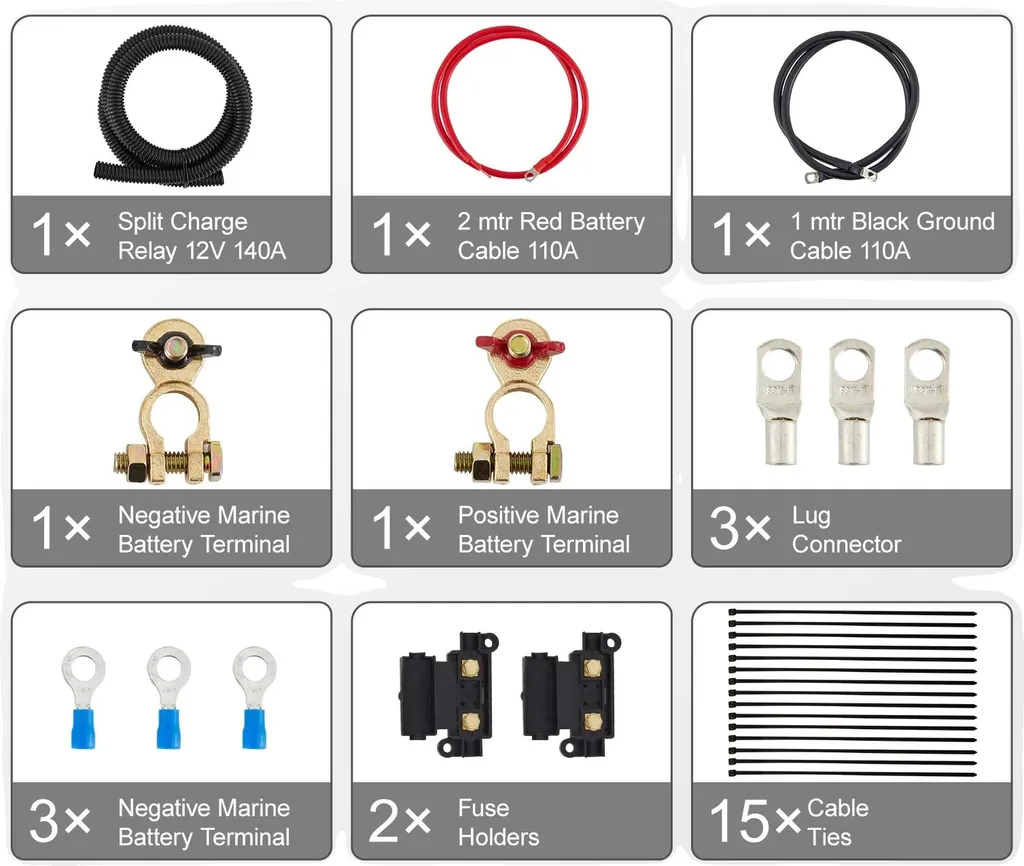 Kit Split Charge Relay avec Isolateur Batterie 140A et Câble de 2m