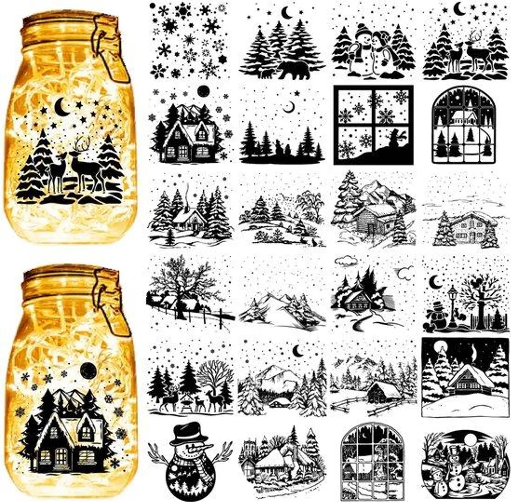 24 Silhouettes de Noël Noir 10x9cm pour Bocaux Weck et Vitres