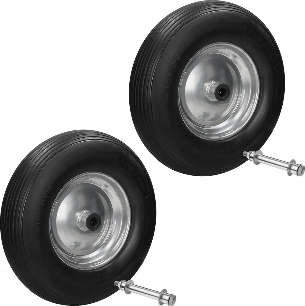ECD Germany 2er Set Schubkarrenrad aus pannensicherem PolyurethanVollgummi, Ersatzrad Gummirad mit Achse, 4.80/4.00-8, Durchmesser 390 mm, Schwarz,...