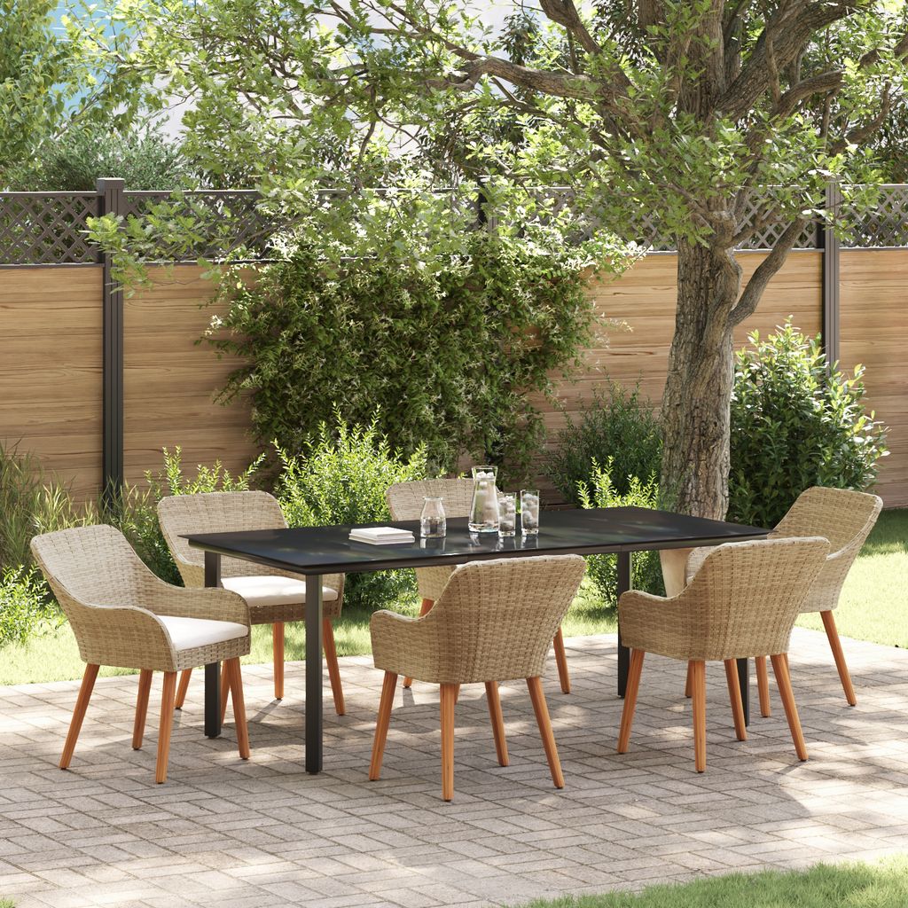7-teiliges Garten Essset Beige Poly Rattan, Gartentische DesignMöbel Neu