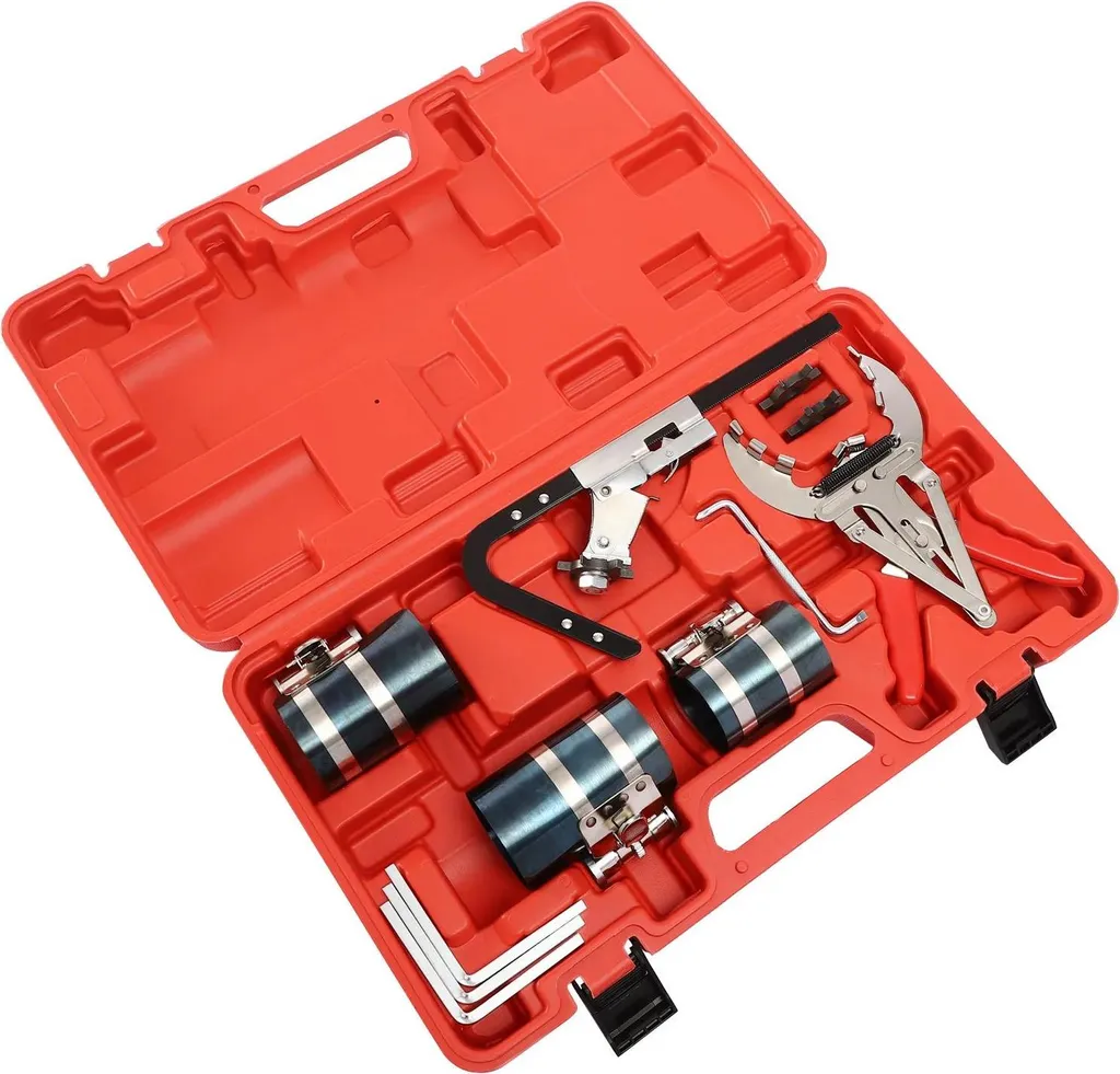 Set di utensili per fasce elastiche - Set di manutenzione da 9 pezzi - Compressore - Montaggio - Smontaggio - Pulizia - Rosso