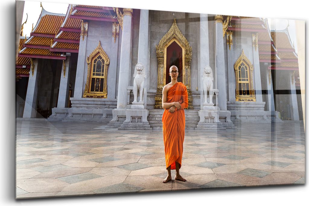 120x60 - Glasbilder - Bilder auf Wandbild - Foto auf Glas - Mönch vor dem Tempel