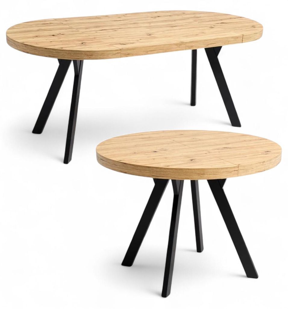 Two tables with wooden tops and black metal legs are shown against a white background.