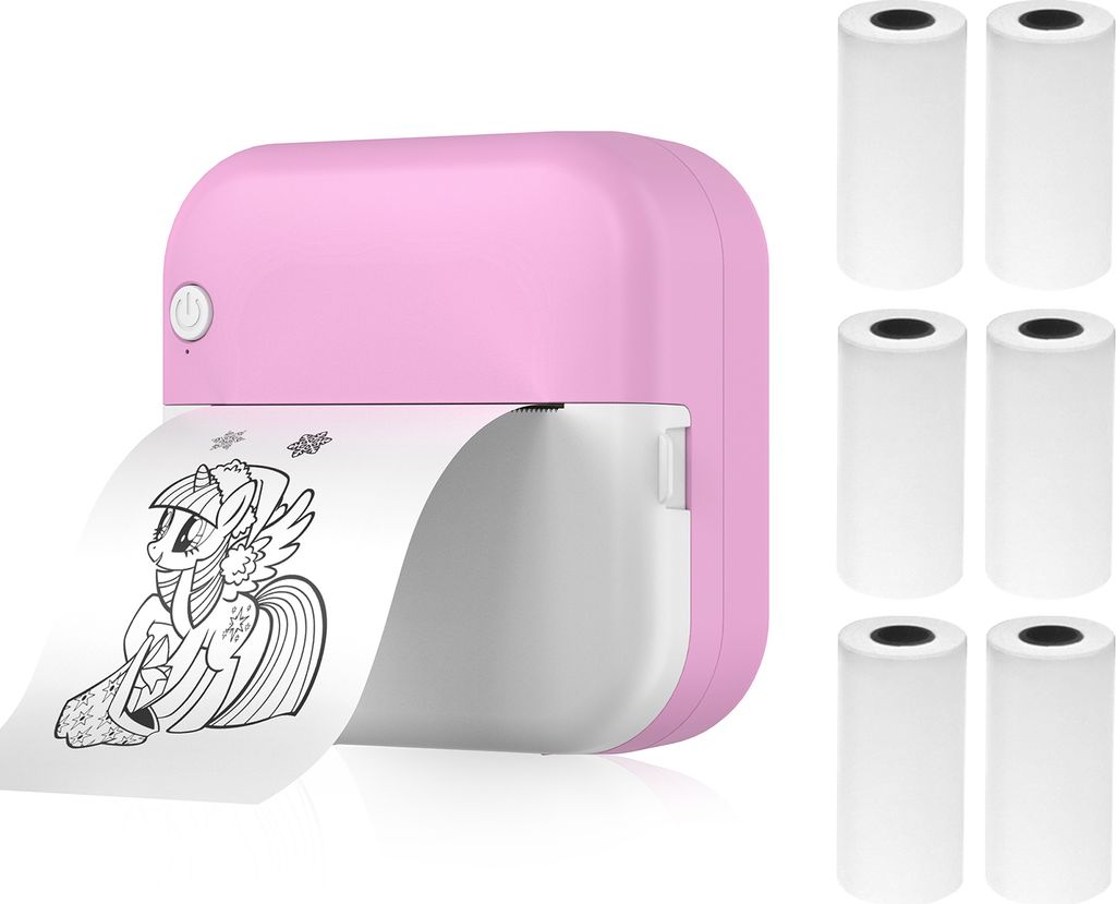 Mini-Drucker, Thermodrucker, Bluetooth Fotodrucker fuer Smartphone mit 6 Papierrollen 57 mm, kompatibel mit iOS Android,Rosa