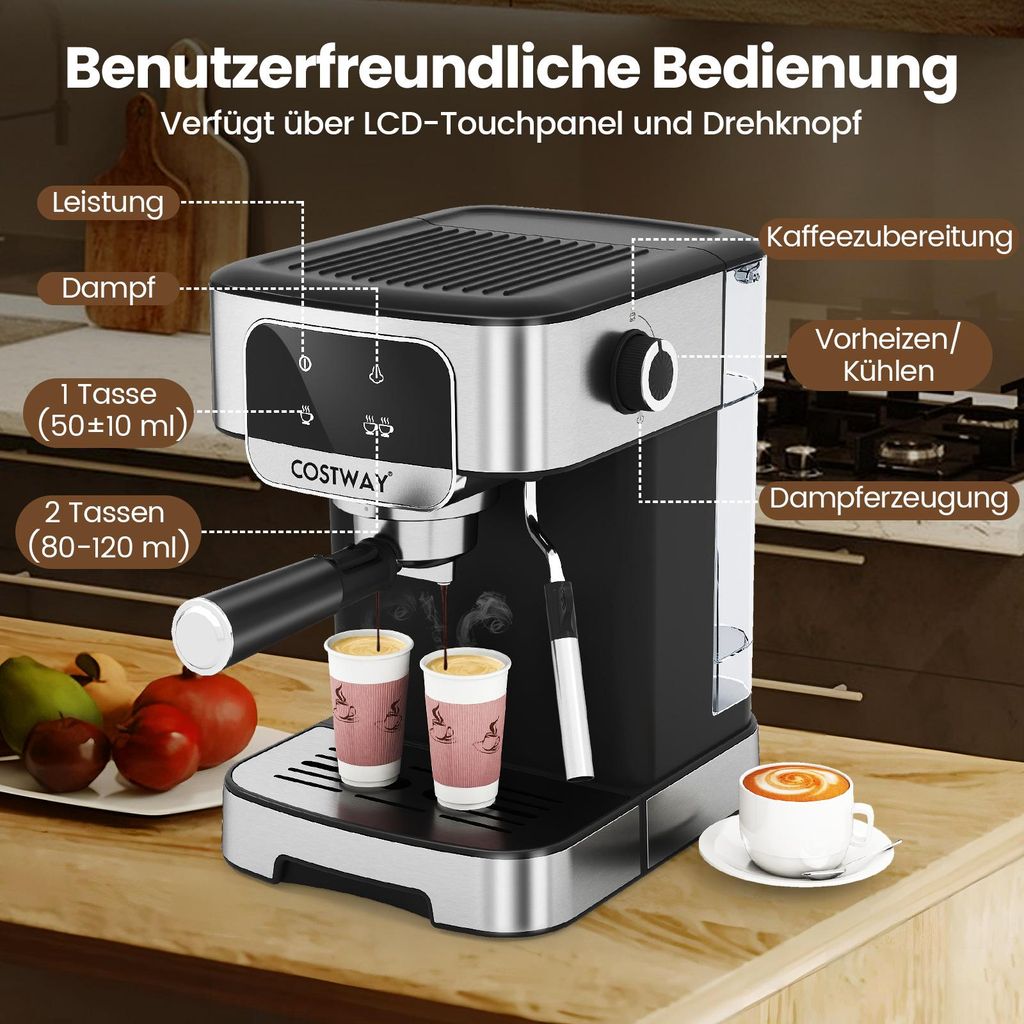 COSTWAY Espressomaschine 20 Bar, 1200W Siebträgermaschine Mit