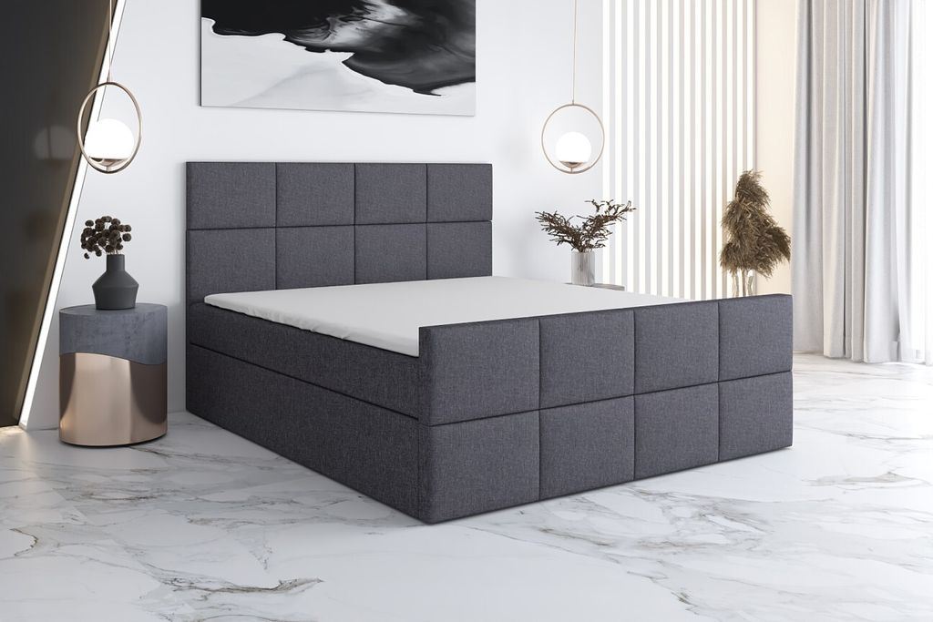 Boxspringbett CAPRIO 140x200 mit 2 Bettkästen, Bonell-Matratze und Topper. Farbe: Grau