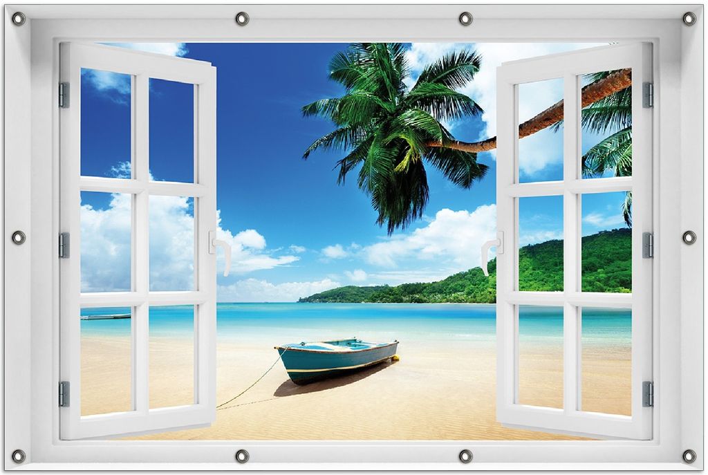 Wallario Outdoor-Poster für Garten oder Balkon 100 x 150 cm: Urlaub am Palmenstrand unter Palmen mit Fischerboot