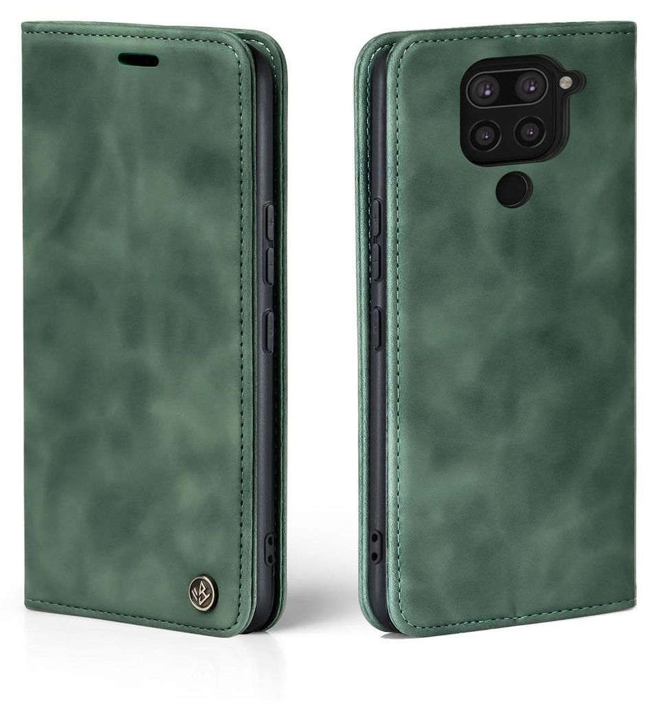 A green flip cover phone case for a Xiaomi Redmi Note 9 is shown from two angles.