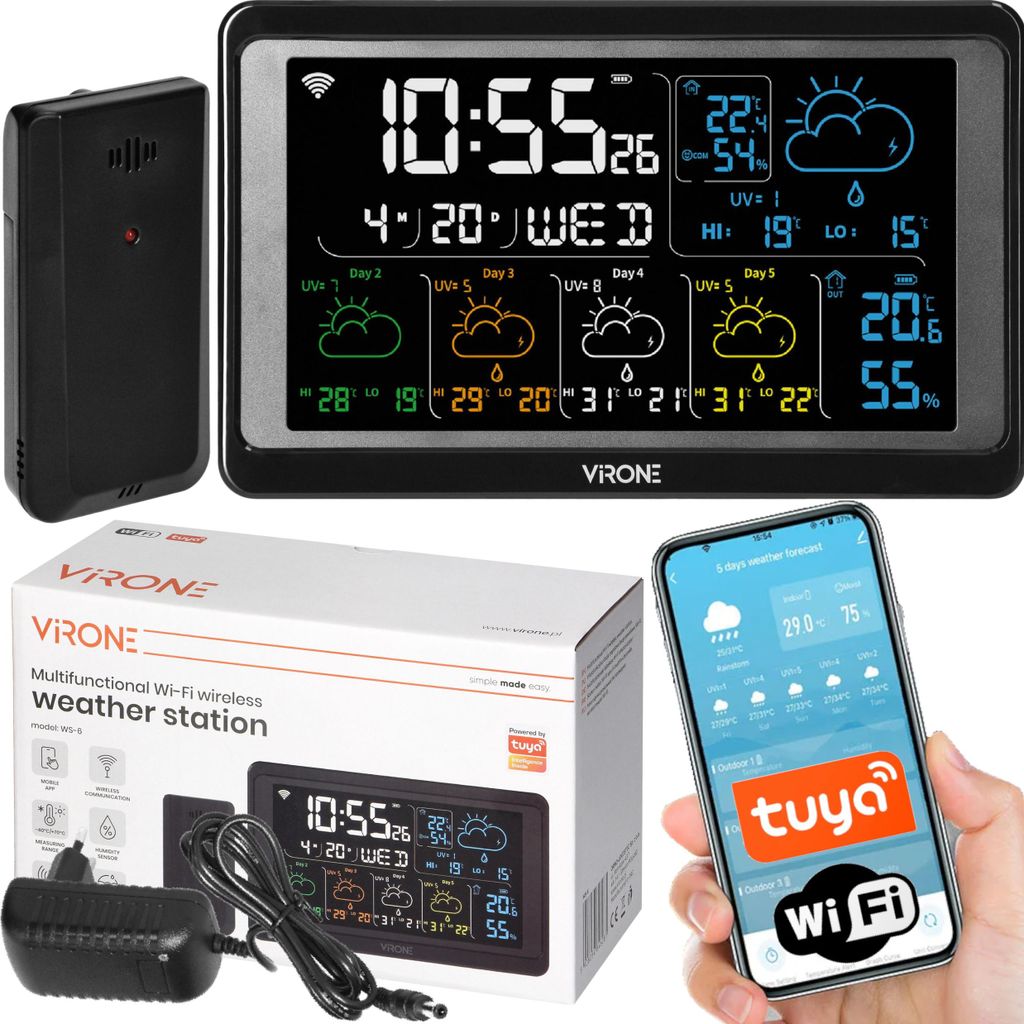 Virone | Wetterstation WS-6 - Wi-Fi - Multifunktional - Temperatur- & Hygrometer - App-gesteuert