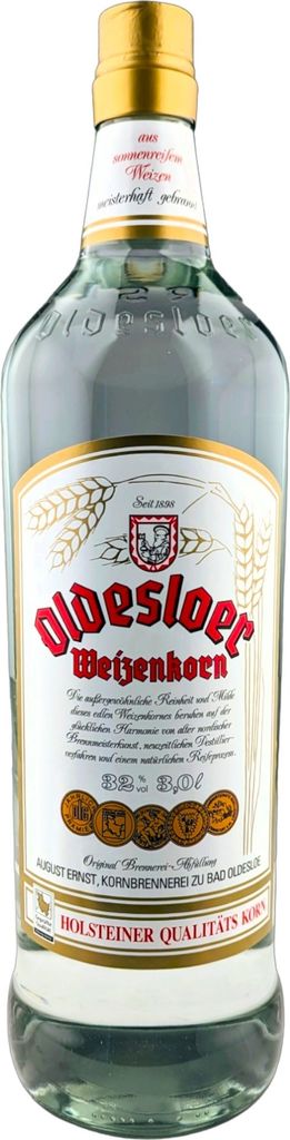 A clear product shot of a bottle of Oldesloer Weizenkorn.