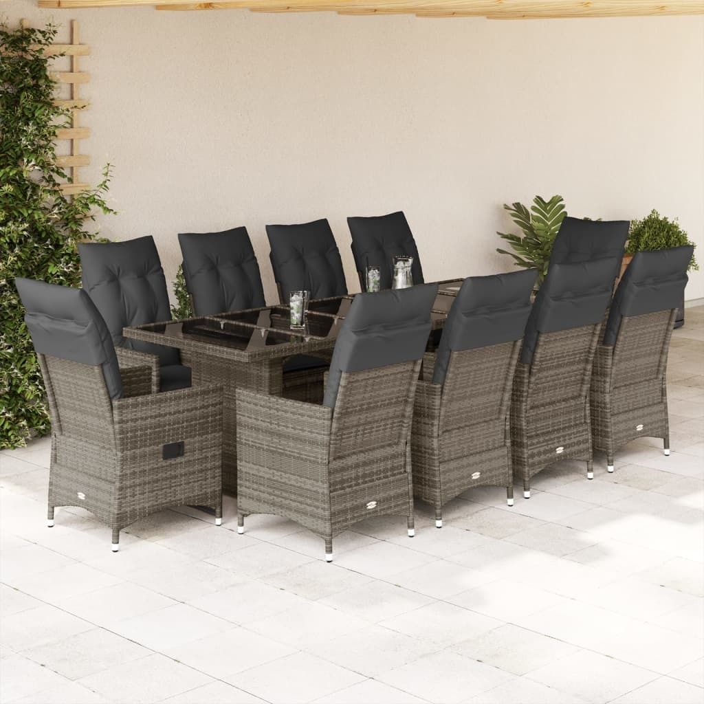 Möbel 11-tlg. Garten-Bistro-Set mit Kissen Grau Poly Rattan - Sitzgruppe 3277242