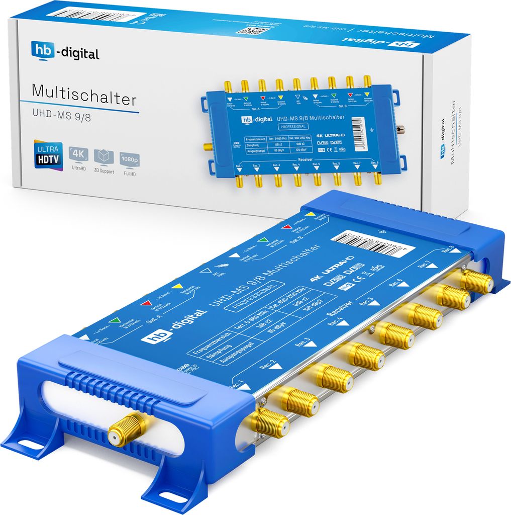 A product shot of a blue satellite multiswitch with gold connectors, shown both in its packaging and out of the box.