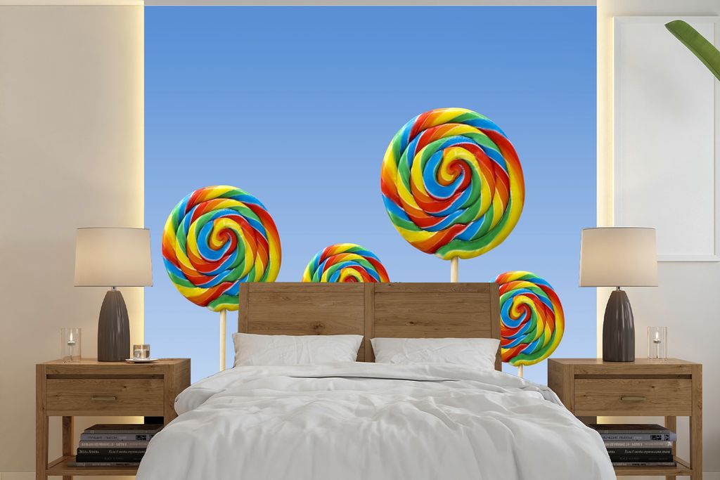 MuchoWow Fototapete für Wohnzimmer oder Schlafzimmer Wandtapete Vinyl Motivtapete Gruppe von farbigen Lutschern - 220x220 cm - Tapeten