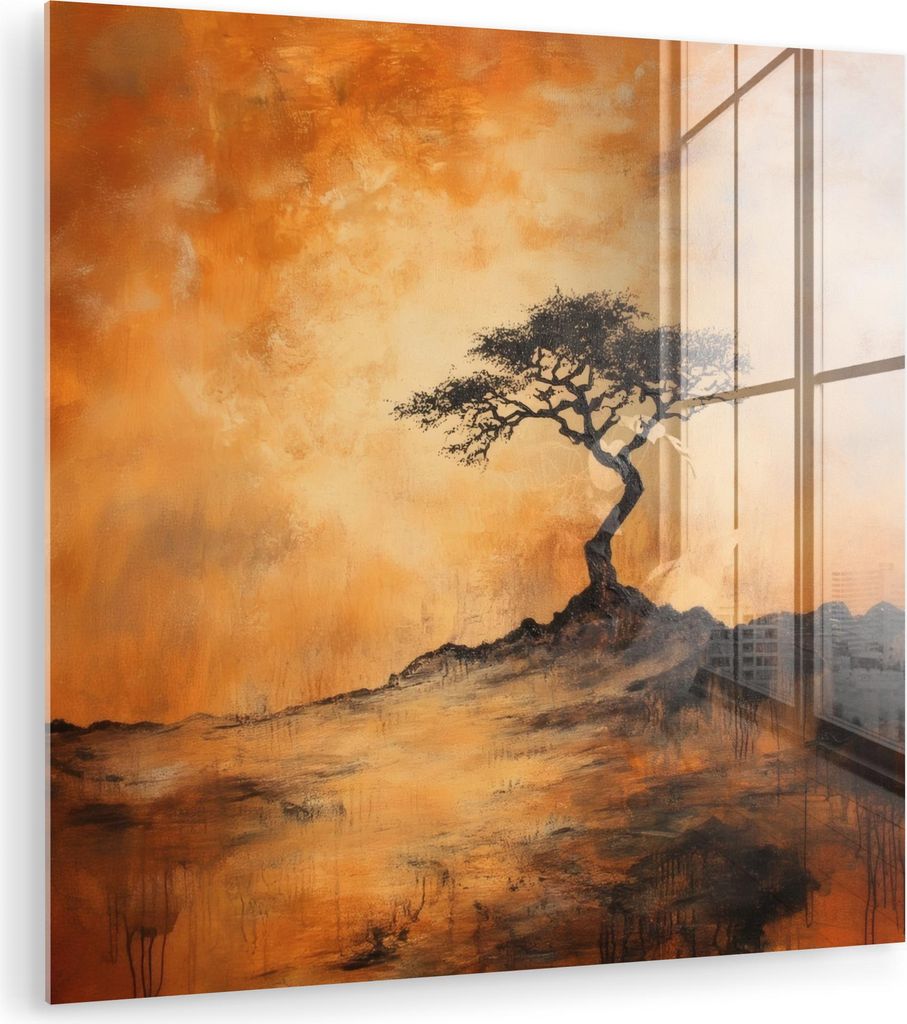 MuchoWow Glasbilder - Bilder auf Wandbild - Foto auf Glas Baum - Landschaft - Orange 90x90 cm Wanddekoration aus Glas - Acrylglasbild - Acrylbilder...