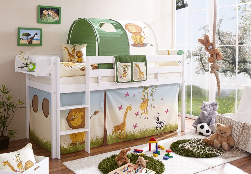 Hochbett "Malte" Kiefer Weiß Motiv (Safari) Produktbild 