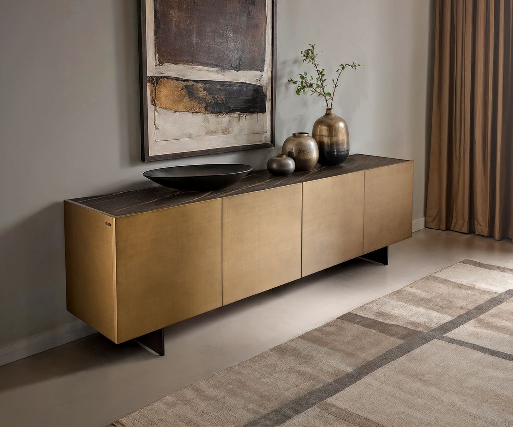 DELIFE Sideboard Kazu 220 cm Metallic Gold 4 Türen schwebend Metall Schwarz Keramik Laminam Noir Desir Braun