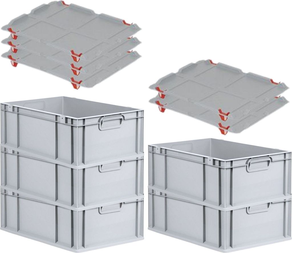 SparSet 5x Eurobox NextGen Grip mit Auflagedeckel inkl. 4 roten Schiebeschnappverschlüssen | HxBxT 22x40x60cm | 44 Liter | Grau | Griffe geschloss...