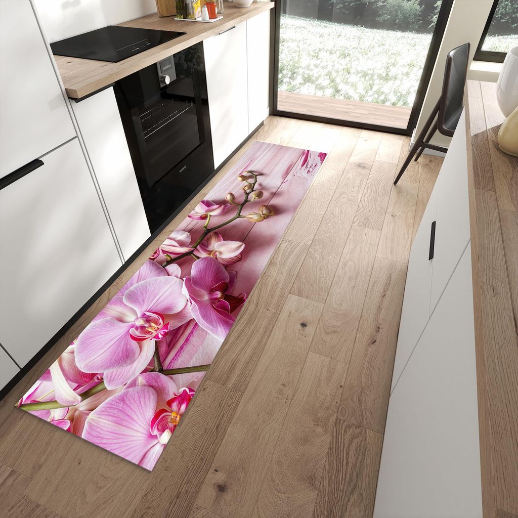 Küchenteppich 60x240cm rutschfest & abwischbar PVC Läufer - Orchideen Holz Hintergrund