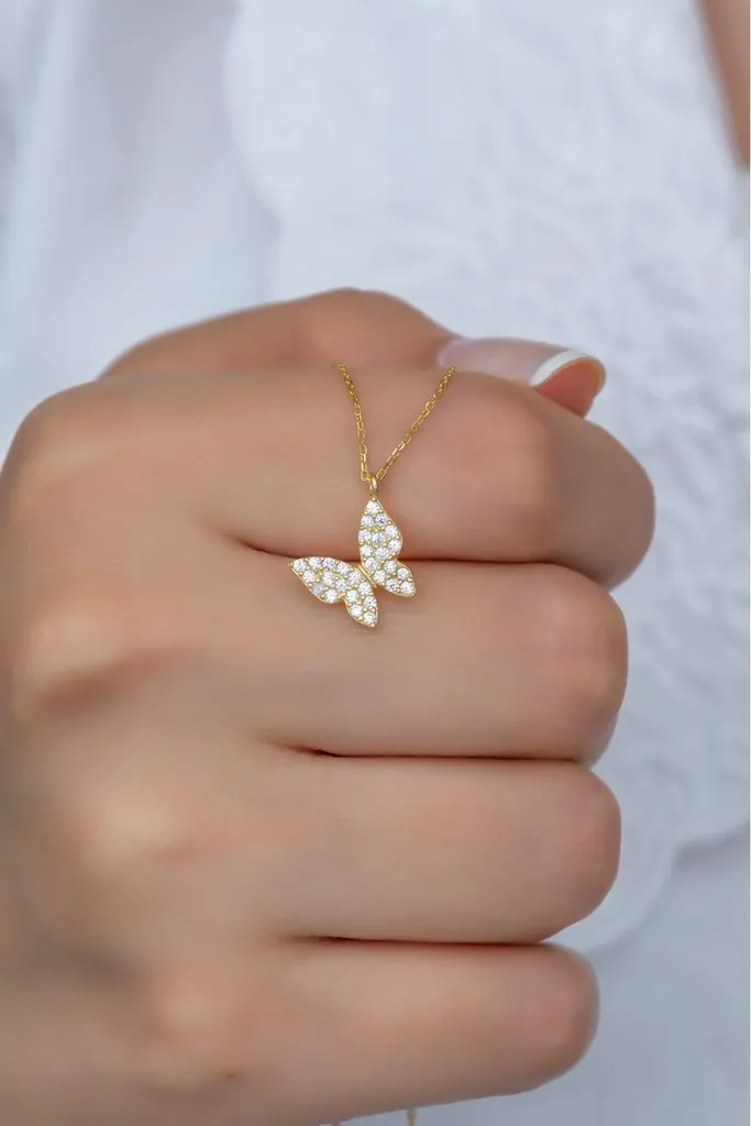 Collier papillon argent anti-allergie, fini or et zircone longue durée