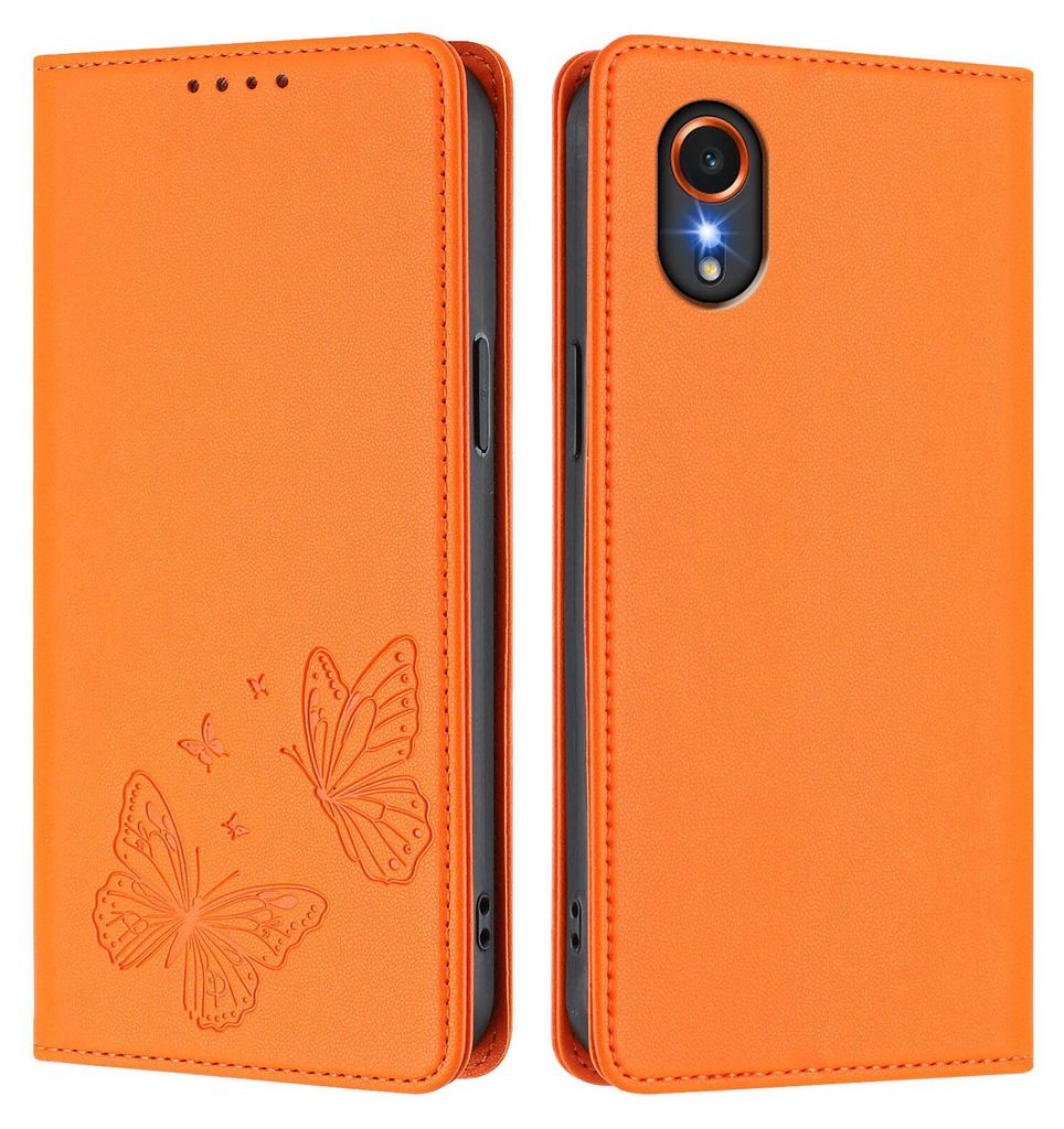 Lederhülle für Samsung Galaxy Xcover7, Schmetterling Prägung Leder Brieftasche Schutzhülle mit Ständer Orange