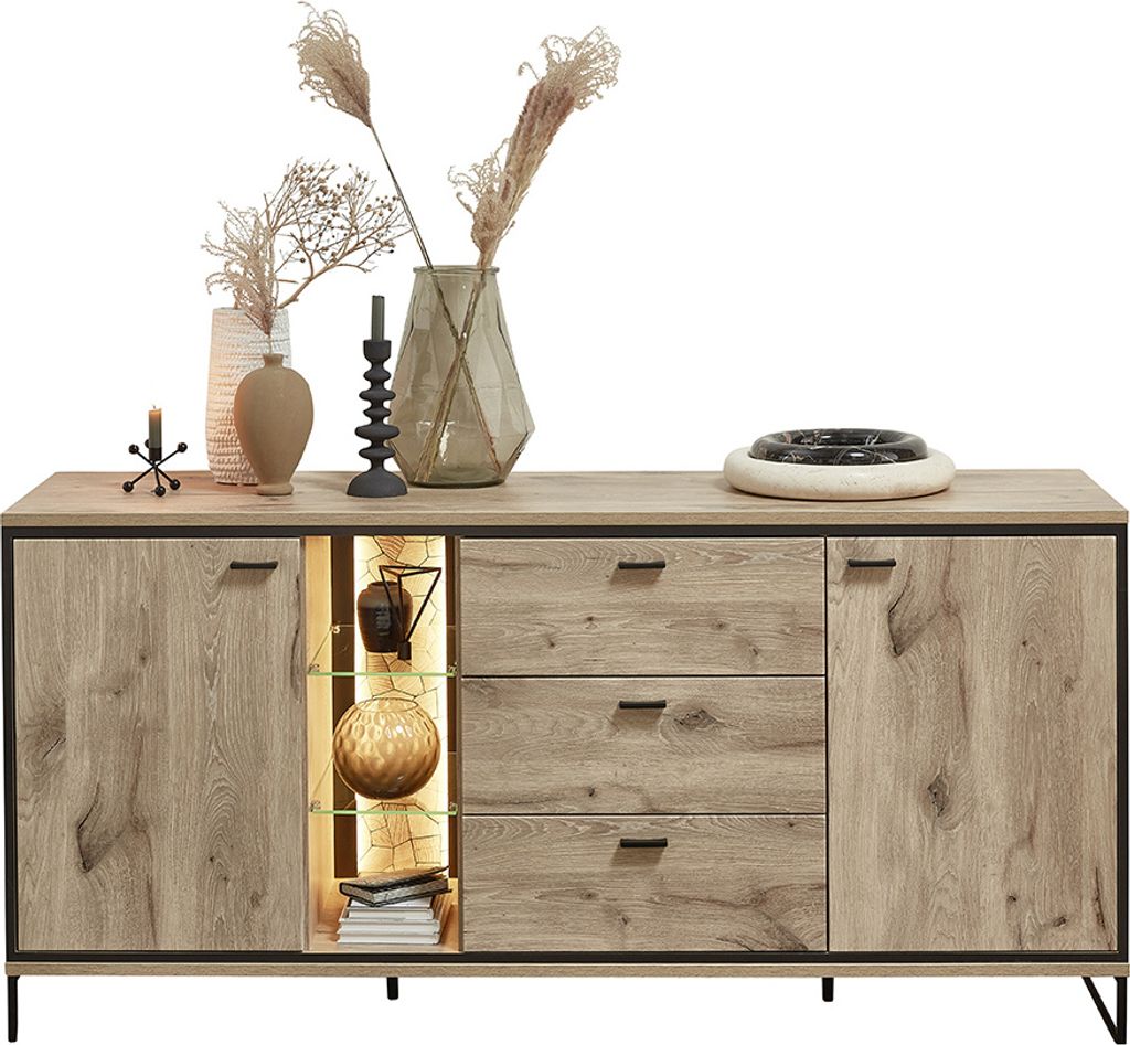 Sideboard 180cm mit Beleuchtung, Eiche mit schwarz, RINGSTED-55
