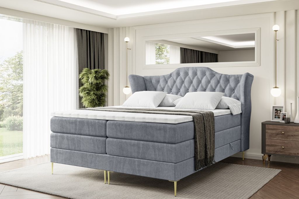 ALTDECOR Boxspringbett mit Gold Füßen, Matratze und Lattenrost, Topper, Polsterbett mit Bettkasten, Bett mit Stauraum H3- und H4- Matratze, Doppe...