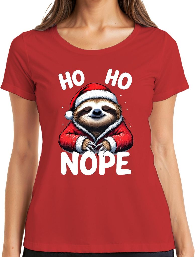 HO HO NOPE Weihnachts Faultier lustig Santa Mütze Geschenk Winter Damen T-Shirt, Rot, L
