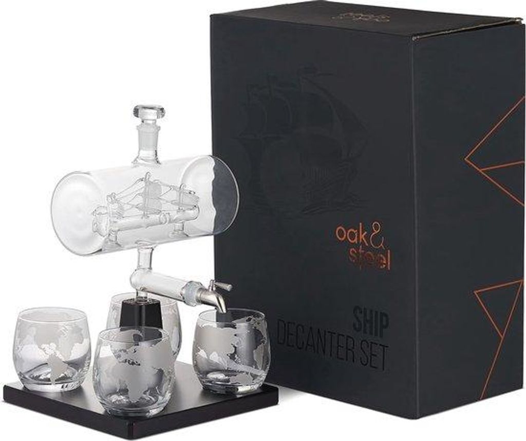 Whisky-Karaffe 1000ml Edelstahl-Kran mit 4 Gläsern