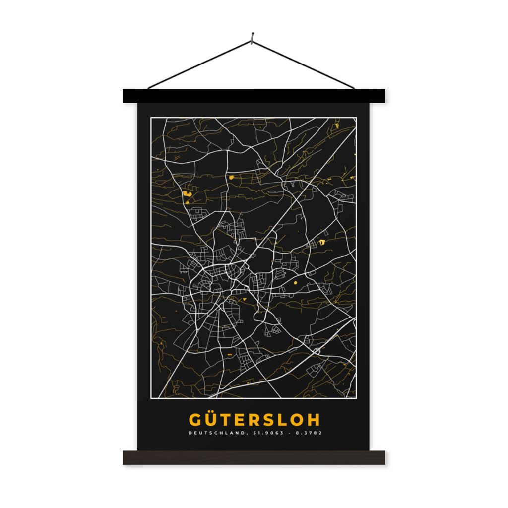 MuchoWow Textilposter Gütersloh - Deutschland - Karte - Stadtplan - Gold 40x60 cm mit schwarzem Rahmen - Wanddekorationen