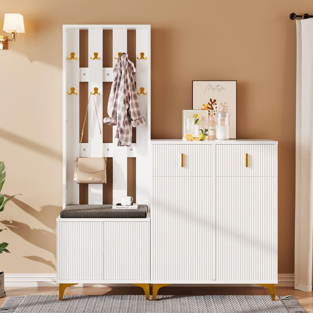 Sweiko Garderobenset mit Schuhbank und Kissen, Garderobenfront mit Haken, Schuhschrank mit Schubladen und Türen