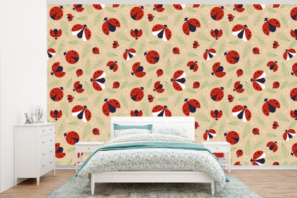 MuchoWow Fototapete für Wohnzimmer oder Schlafzimmer Wandtapete Vinyl Motivtapete Marienkäfer - Blätter - Design - 375x240 cm - Wand Tapete