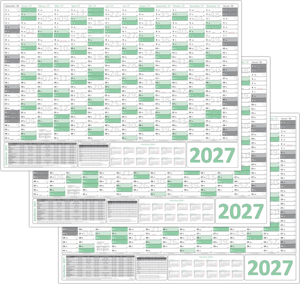 3 Stück Green Wandkalender / Wandplaner 2027 (gerollt) Classic1 DIN A0 Format (841 x 1189 mm) 14 Monate, komplette Jahresvorschau Folgejahr und Fe...