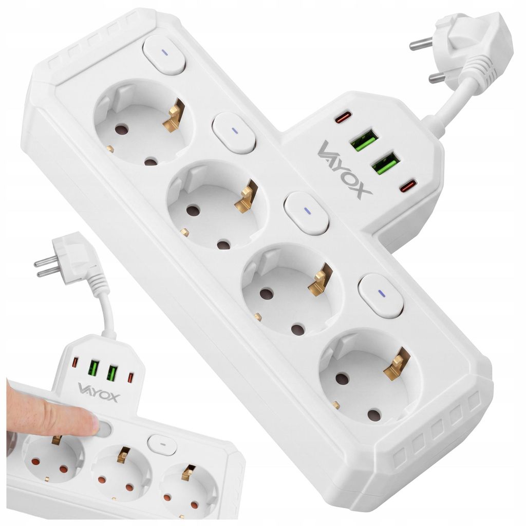 Vayox Steckdosenleiste 4-Fach Schuko 0,2m Weiß | Einzeln Produktbild 