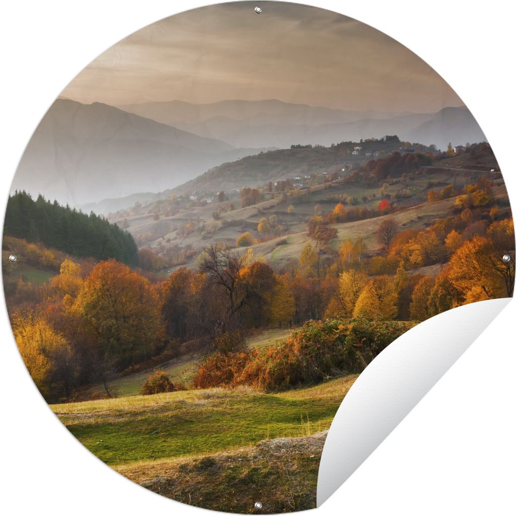 MuchoWow Gartenposter Outdoor-Poster Rund Landschaft - Herbst - Bäume Ø 120 cm Gartendeko Rundes Poster draußen