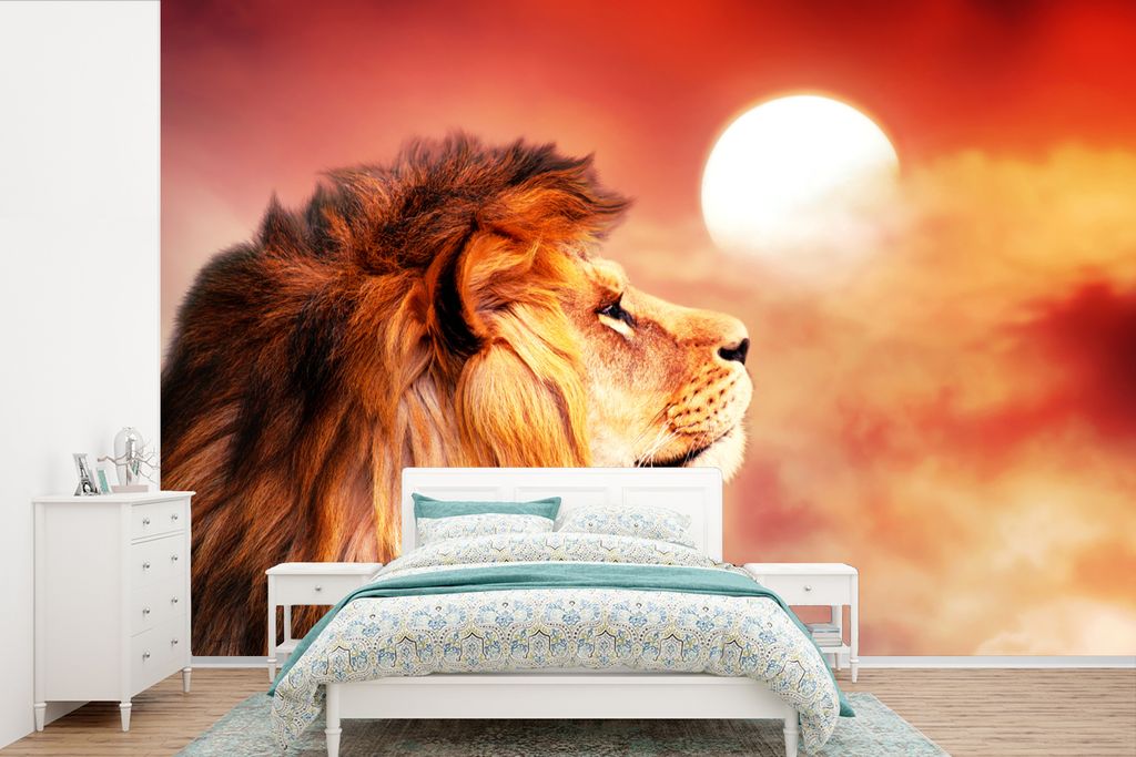 MuchoWow Fototapete für Wohnzimmer oder Schlafzimmer Wandtapete Vinyl Motivtapete Löwen - Sonne - Rot - 360x240 cm - Vinyl-Tapete