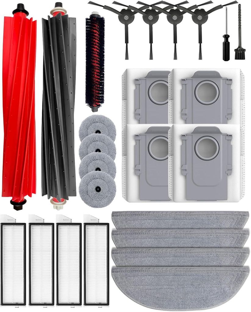 25PCS Zubehör für Roborock S8 MaxV Ultra/S8 Max Ultra Staubsauger,2 Hauptbürsten,4 HEPA-Filter,4 Mopps,4 Seite Mopps,4 Staubbeutel,4 Seitenbürs...