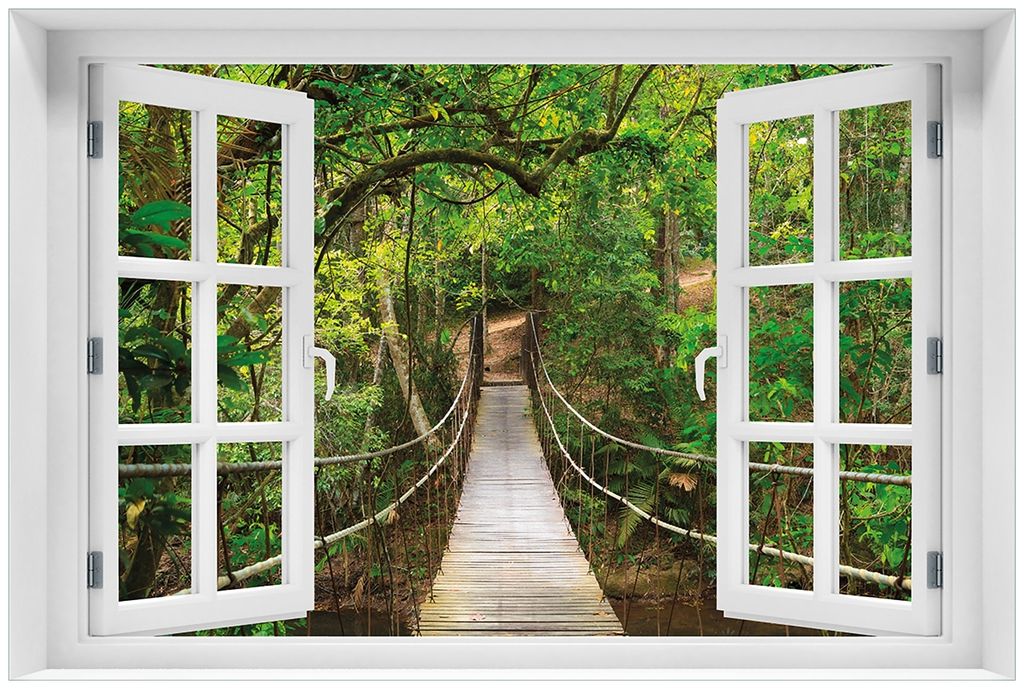 Wallario Premium Glasbild mit Fensterrahmen, freischwebende Optik, kräftige Farben, Größe 60 x 90 cm Motiv Hängebrücke im Urwald grüner Dsch...