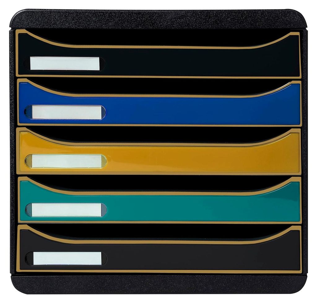 Premium Ablagebox NeoDeco mit 5 Schubladen für DIN A4+ Dokumente, stapelbare Schubladenbox in Schwarz