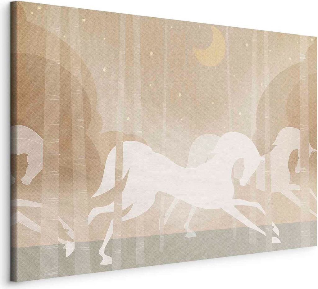 Italienischer Leinwand Leinwandbild - Moon Horses - Horses Galloping Among Trees on a Starry Night 90x60 cm Für Kinder e-A-10140-b-a
