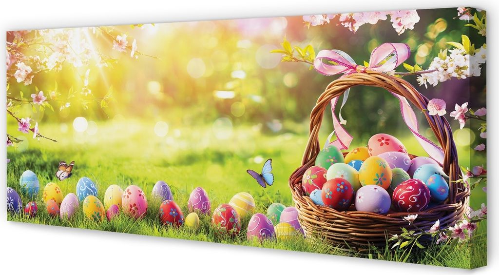 Leinwandbild 125x50 Wandkunst Korb Ei Blumenwiese