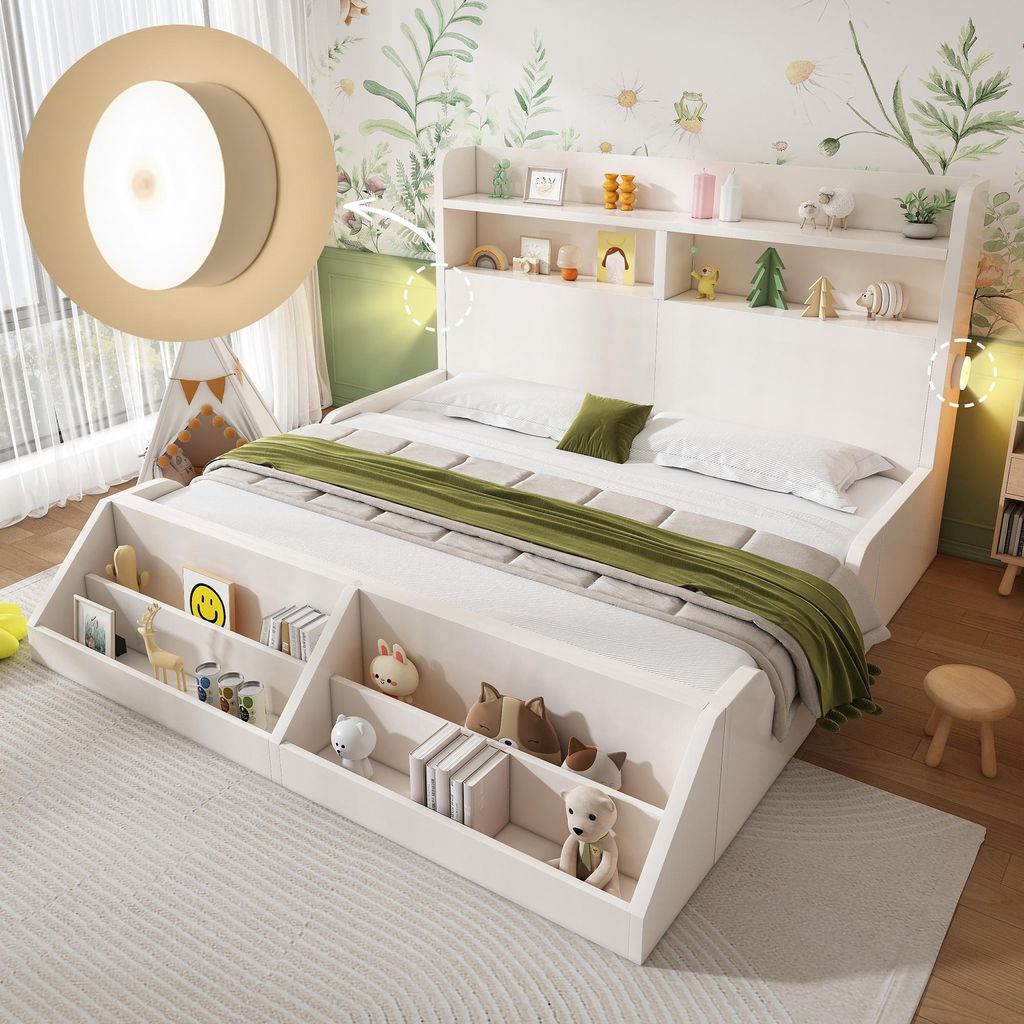 okwish Jugendbett 140x200 Kinderbett Doppelbett mit zwei runden Nachtlichtern,Holzbett mit abnehmbarem Bücherregal,Bettgestell mit Lattenrost,Wei...