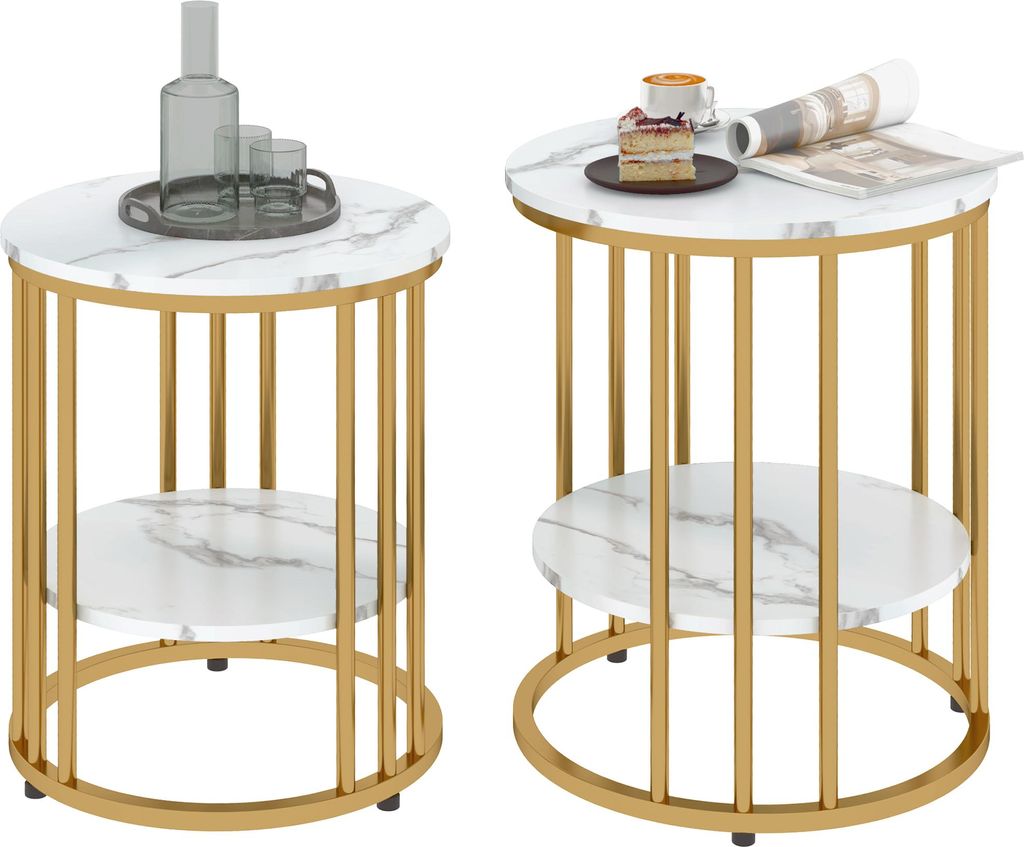 HOMCOM Couchtisch rund 2er Set Beistelltisch mit Ablage Stahlrahmen Marmoroptik