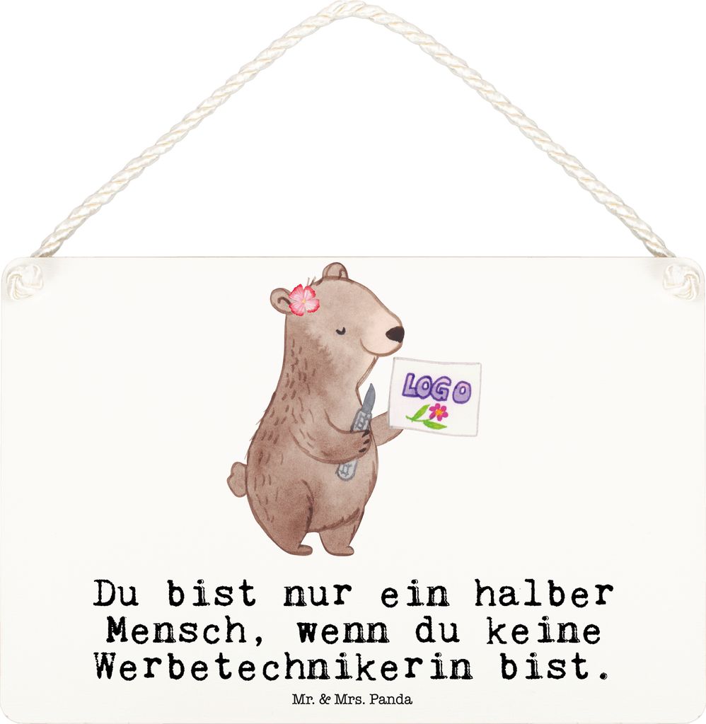 Mr. & Mrs. Panda Schild Werbetechnikerin Herz DIN A6 - Weiß - Geschenk, Holzschild, Türschild, holzbild, Wandbild Holz, wandtafel